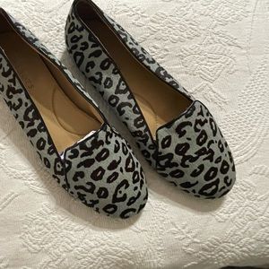Talbots fun blue pony hair leopard print loafers.